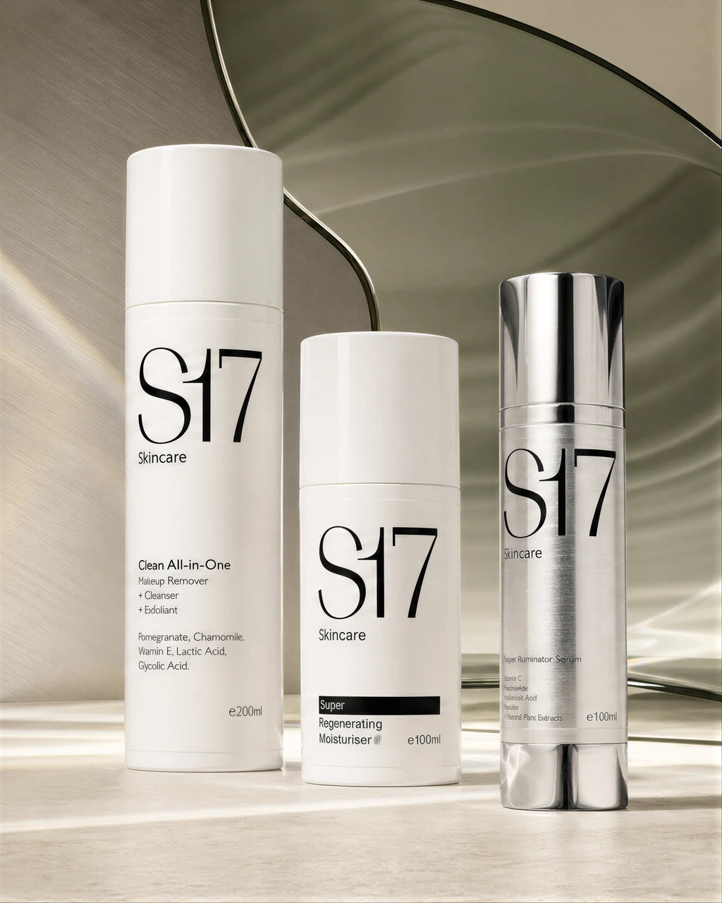 S17 cleanser, moisturiser and serum arranged in an olive optical campaign set
