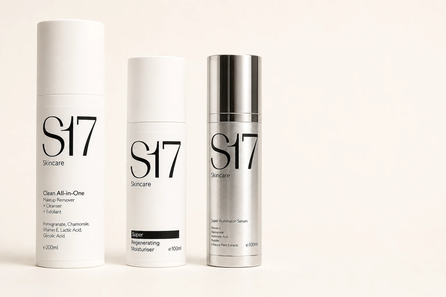 The complete S17 cleanser, moisturiser and serum range