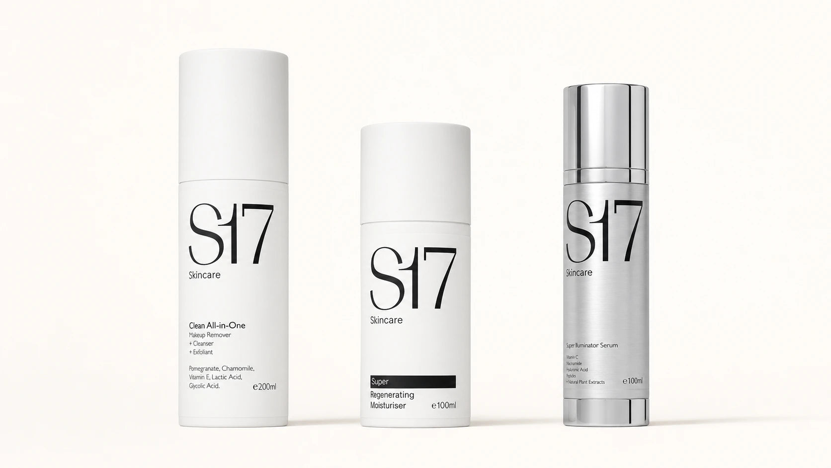 Cleanser, moisturiser and serum arranged in ritual order